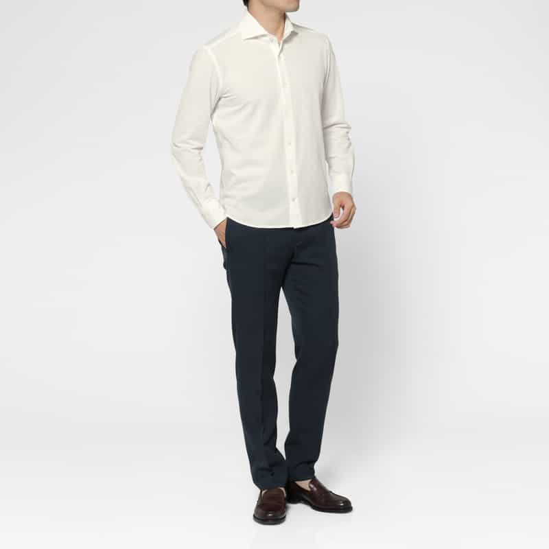 BARNEYS NEW YORK ジャージー素材マイクロ千鳥柄カジュアルシャツ WHITE
