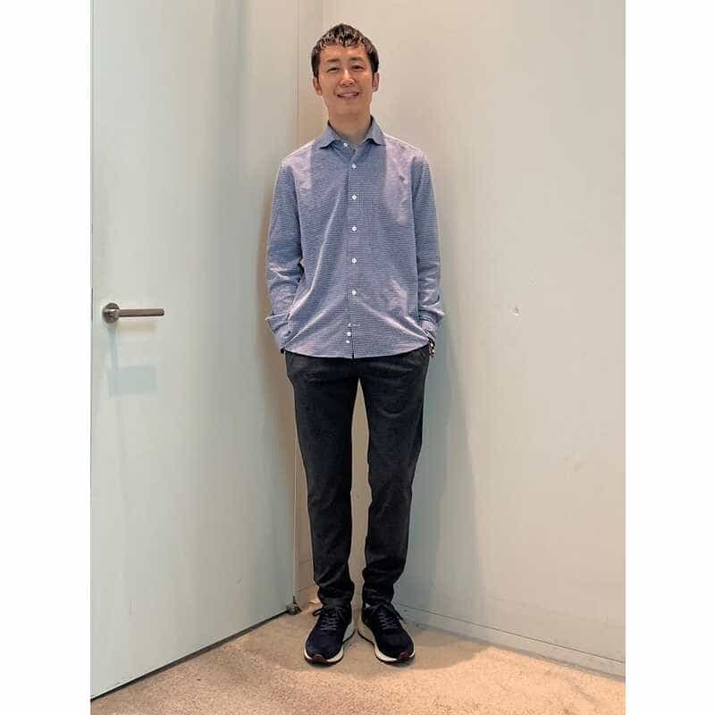 BARNEYS NEW YORK ジャージー素材マイクロ千鳥柄カジュアルシャツ NAVY