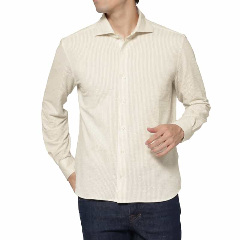 BARNEYS NEW YORK シアサッカー素材ストライプ柄カジュアルシャツ BEIGE