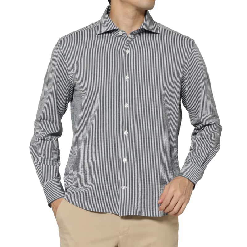 BARNEYS NEW YORK シアサッカー素材ストライプ柄カジュアルシャツ BLUE
