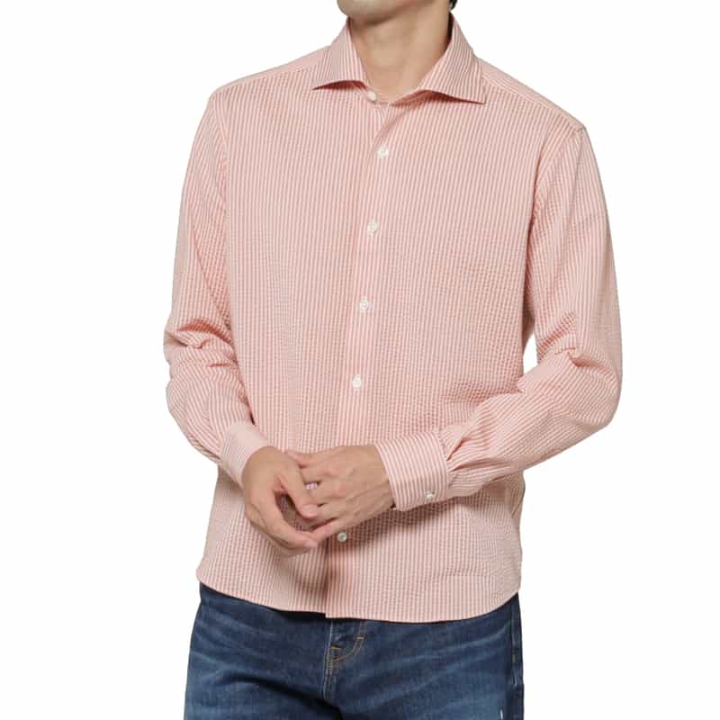 BARNEYS NEW YORK シアサッカー素材ストライプ柄カジュアルシャツ PINK