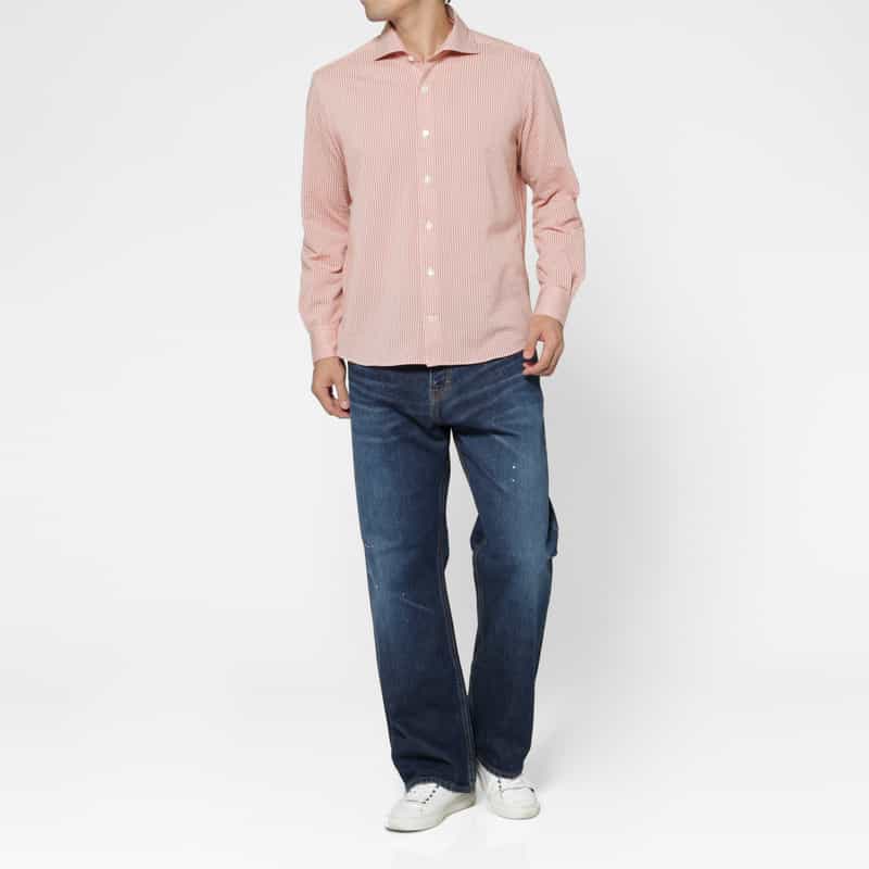 BARNEYS NEW YORK シアサッカー素材ストライプ柄カジュアルシャツ PINK