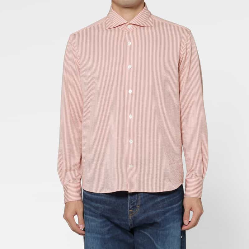 BARNEYS NEW YORK シアサッカー素材ストライプ柄カジュアルシャツ PINK