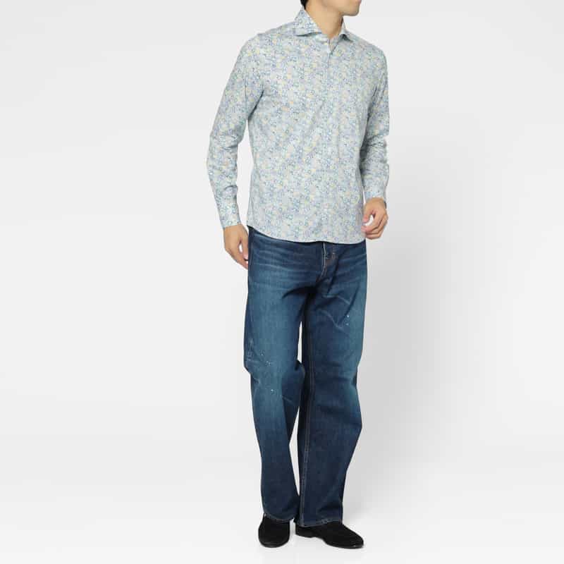 BARNEYS NEW YORK フラワー柄カジュアルシャツ BLUE