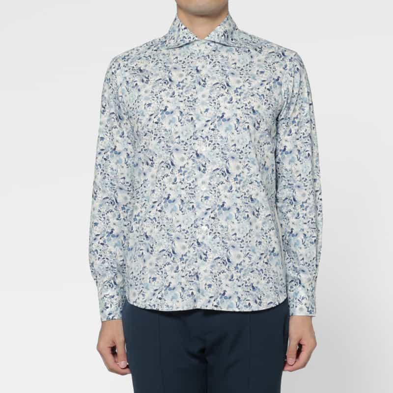 BARNEYS NEW YORK ブロード生地フラワー柄カジュアルシャツ WHITE