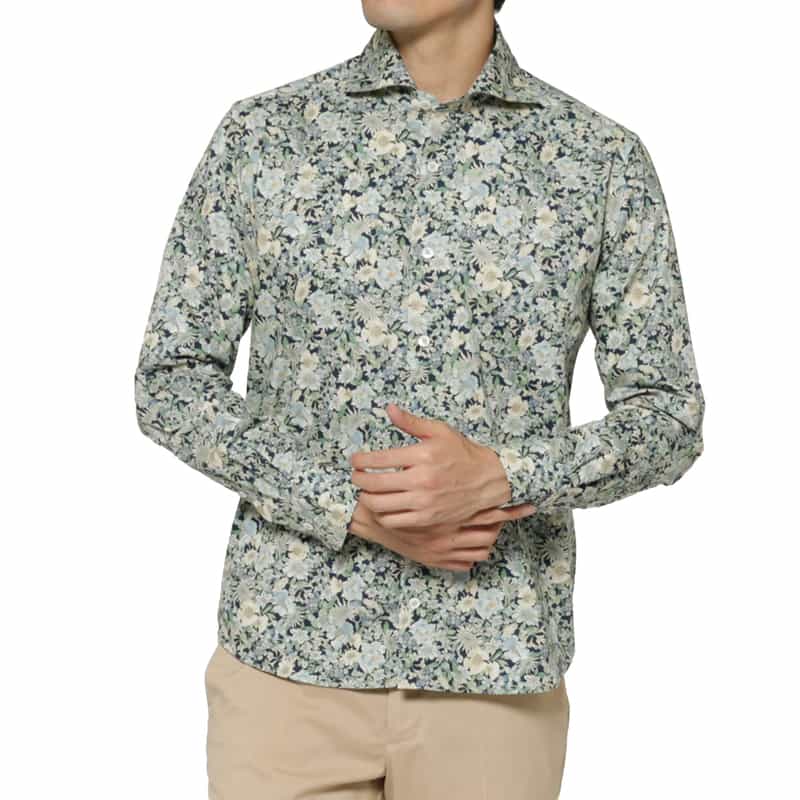 BARNEYS NEW YORK ブロード生地フラワー柄カジュアルシャツ NAVY