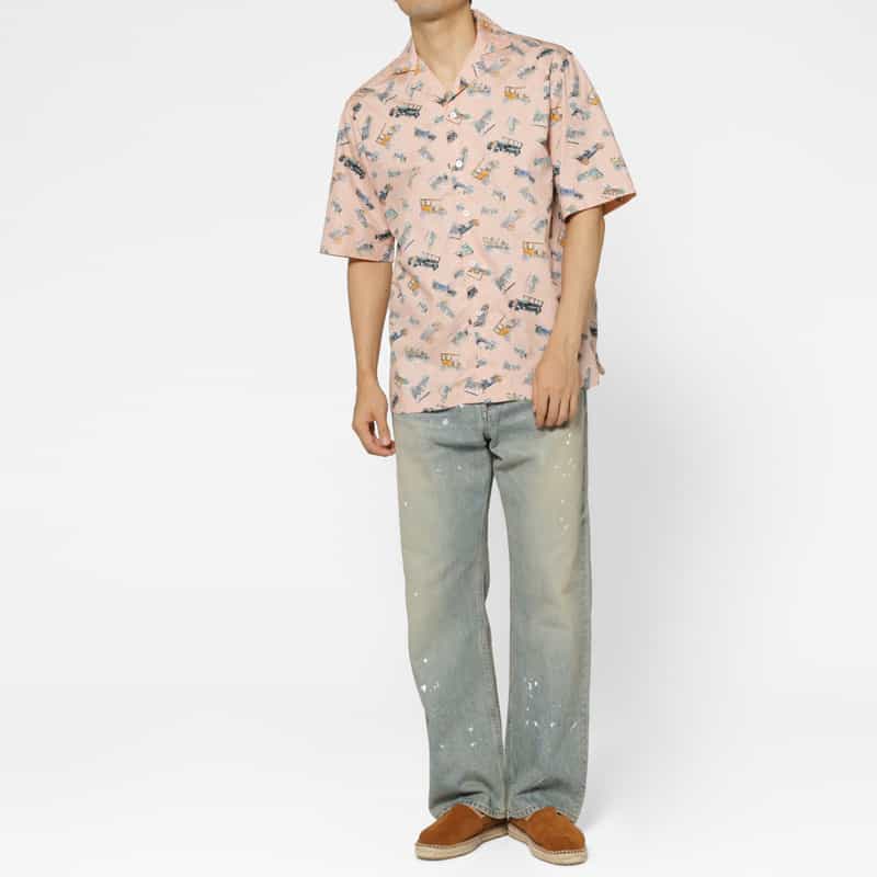 BARNEYS NEW YORK ジャガード生地オープンカラープリントシャツ PINK