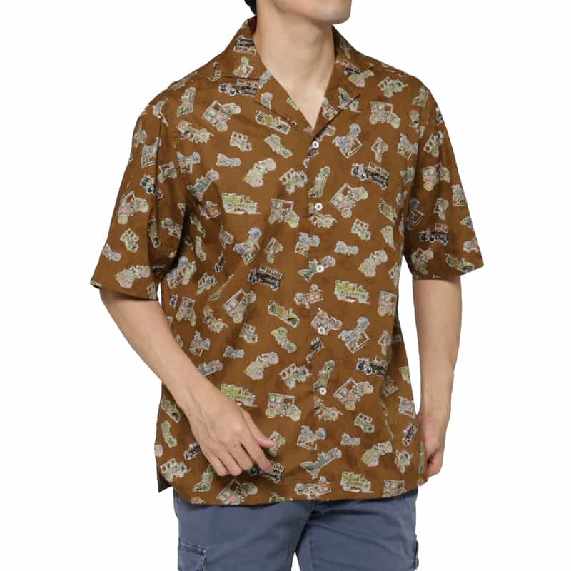BARNEYS NEW YORK ジャガード生地オープンカラープリントシャツ BROWN