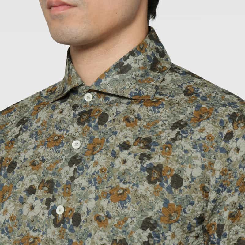 BARNEYS NEW YORK コットンシアサッカー素材フラワー柄カジュアルシャツ GRAY