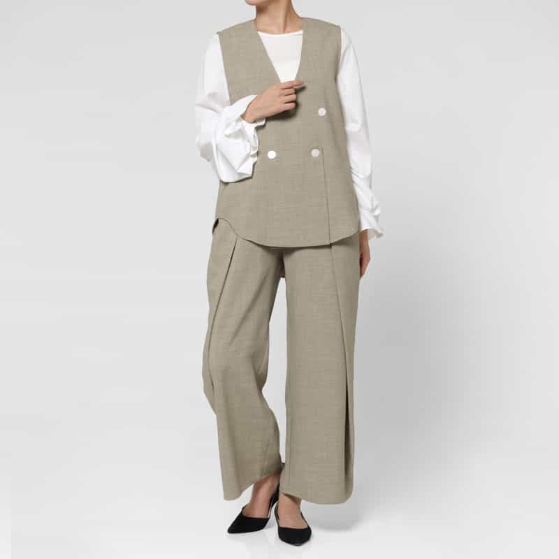 BARNEYS NEW YORK セットアップ ウォッシャブル リネンライク フロントポケット ドローストリング タック ワイドパンツ BEIGE