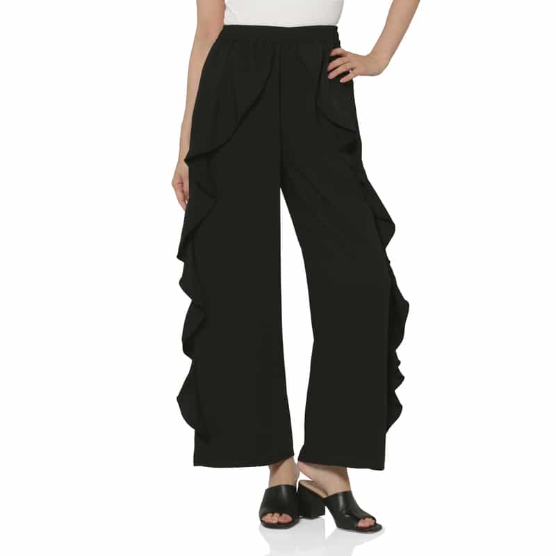 BARNEYS NEW YORK ウォッシャブル サイドフリルデザインワイドパンツ BLACK