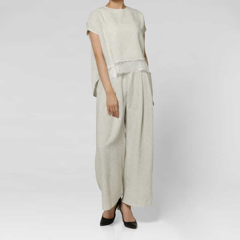 BARNEYS NEW YORK セットアップ ツイードライク ドローストリング付きタックワイドパンツ BEIGE