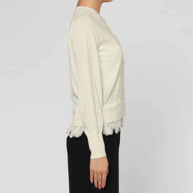BARNEYS NEW YORK レーススカラップ クルーネックニットカーディガン WHITE