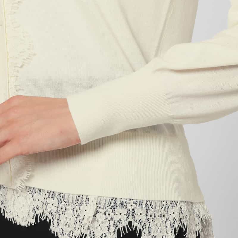 BARNEYS NEW YORK レーススカラップ クルーネックニットカーディガン WHITE