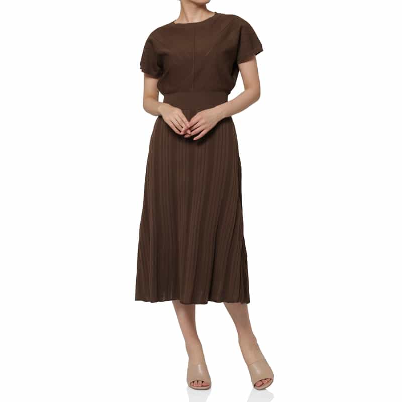 BARNEYS NEW YORK ウォッシャブル フレンチスリーブ ニットドレス（ペチコート付き） BROWN