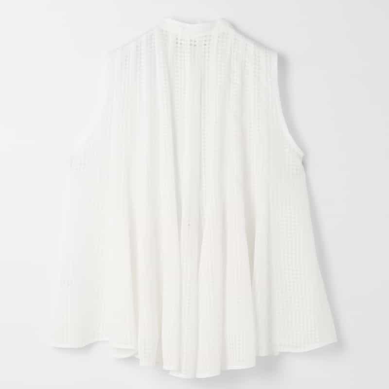 BARNEYS NEW YORK セットアップ ウォッシャブル サテンサッカー素材ギンガムチェック柄ボリュームヘムブラウス WHITE