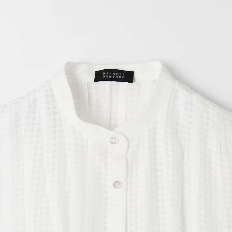 BARNEYS NEW YORK セットアップ ウォッシャブル サテンサッカー素材ギンガムチェック柄ボリュームヘムブラウス WHITE
