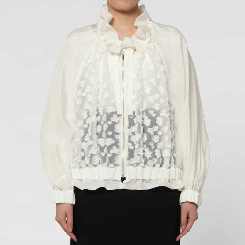 BARNEYS NEW YORK 異素材コンビネーション オーガンジーフロントジップアップブルゾン WHITE