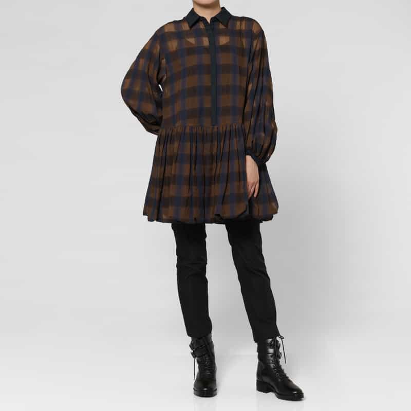 BARNEYS NEW YORK シアー素材チェック柄ミニドレス BROWN