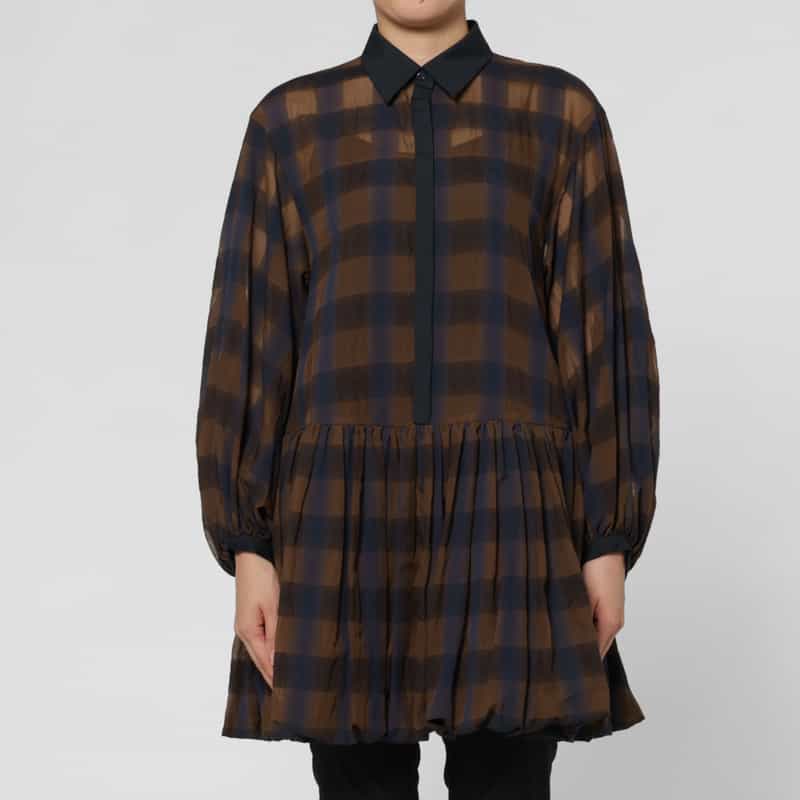 BARNEYS NEW YORK シアー素材チェック柄ミニドレス BROWN