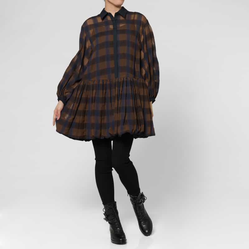 BARNEYS NEW YORK シアー素材チェック柄ミニドレス BROWN