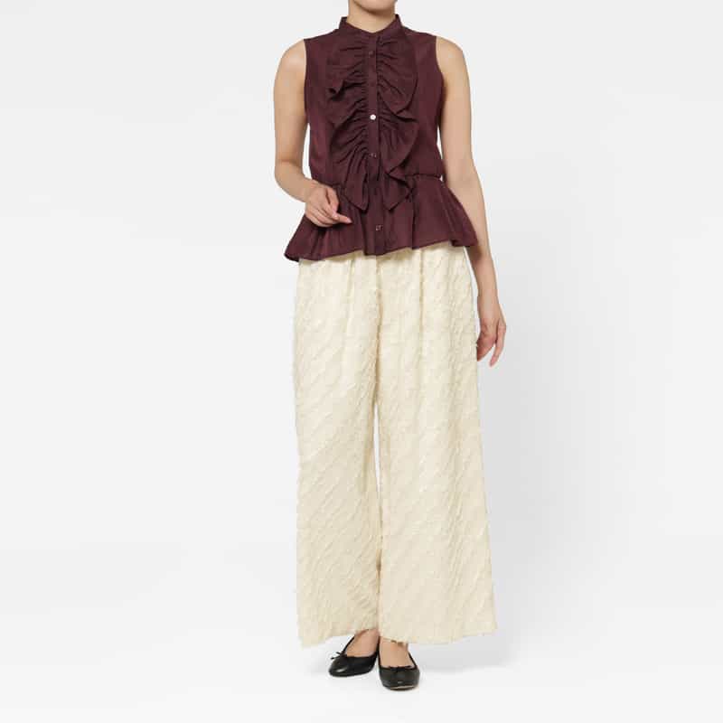BARNEYS NEW YORK カットジャカード素材 ドローストリング付きワイドパンツ OFF WHITE
