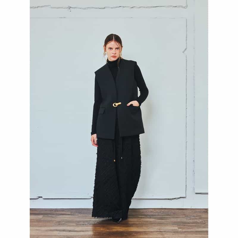 BARNEYS NEW YORK カットジャカード素材 ドローストリング付きワイドパンツ BLACK