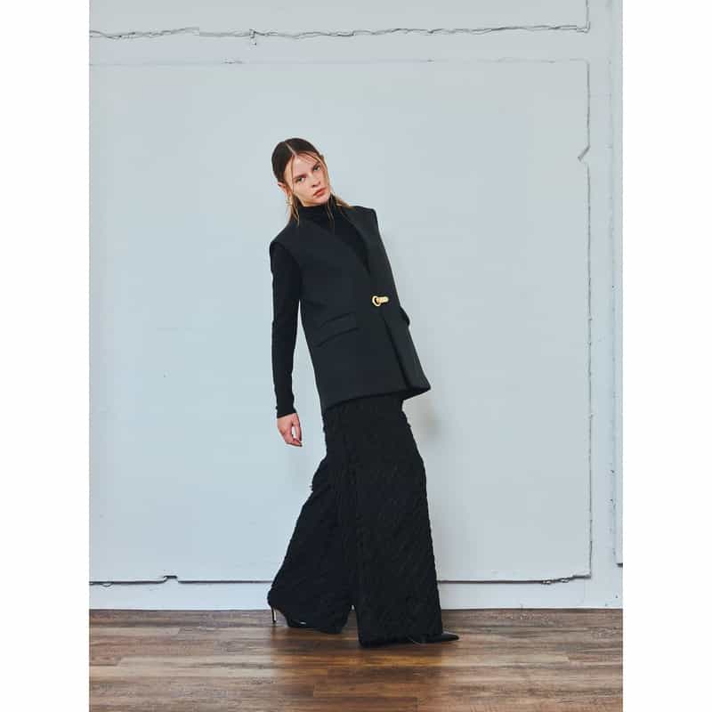 BARNEYS NEW YORK カットジャカード素材 ドローストリング付きワイドパンツ BLACK
