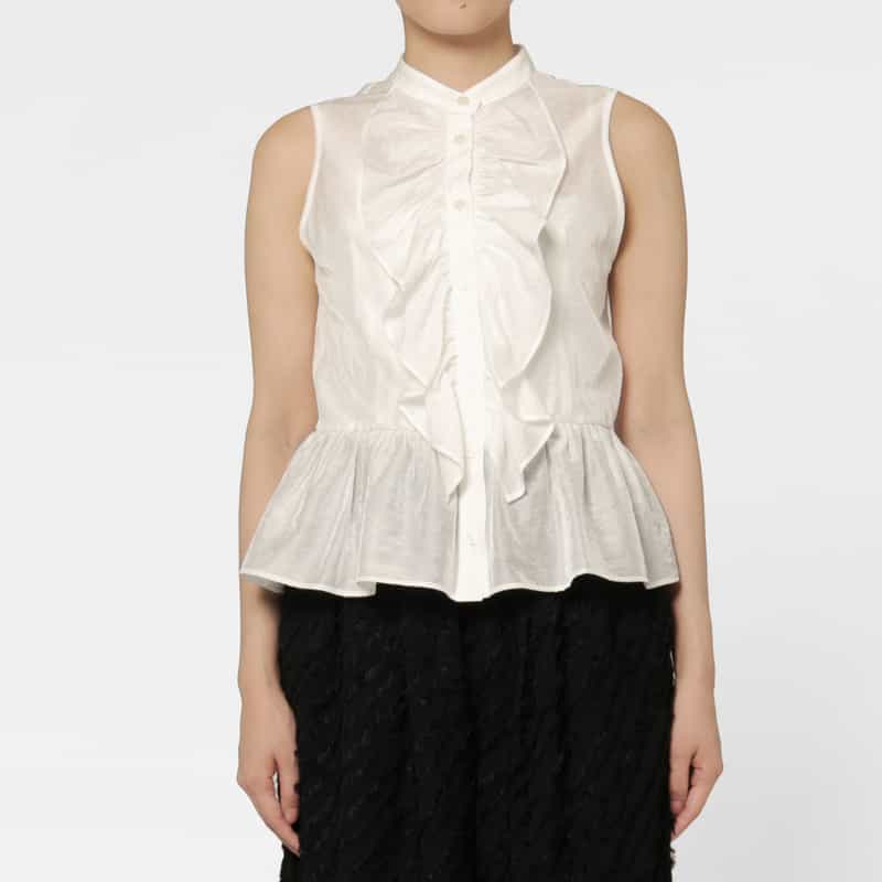 BARNEYS NEW YORK ウォッシャブル ラッフルデザインバンドカラーブラウス WHITE