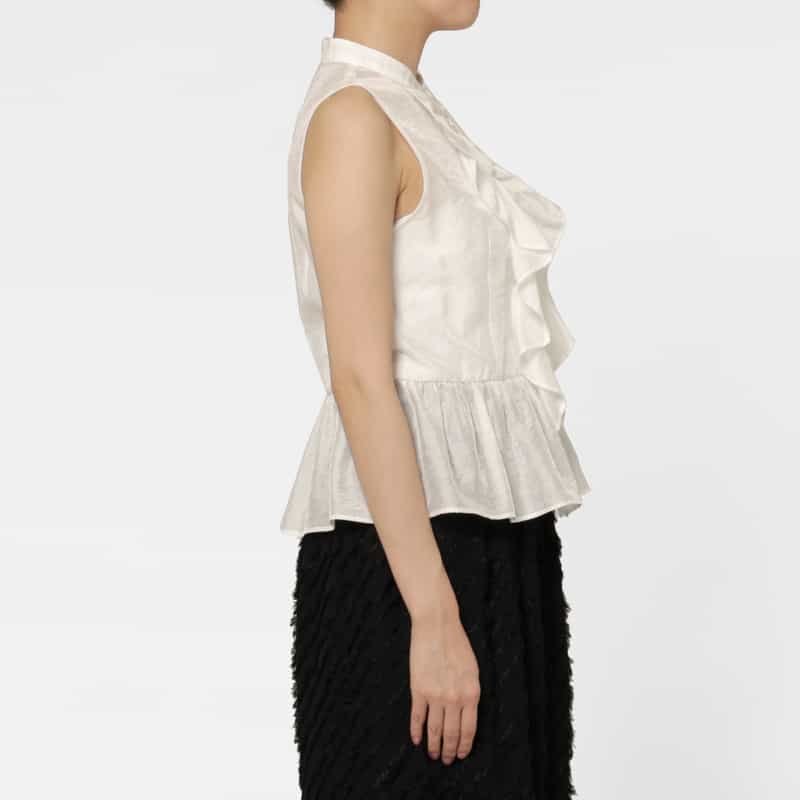 BARNEYS NEW YORK ウォッシャブル ラッフルデザインバンドカラーブラウス WHITE