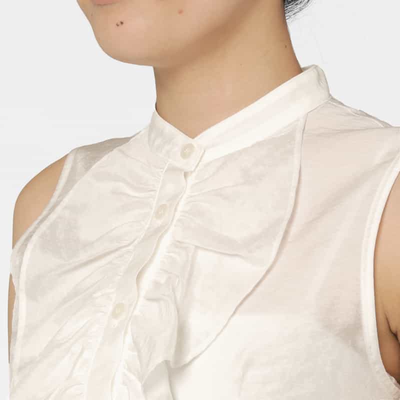 BARNEYS NEW YORK ウォッシャブル ラッフルデザインバンドカラーブラウス WHITE