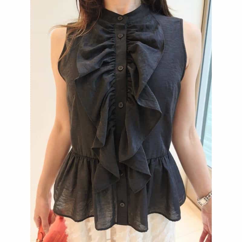 BARNEYS NEW YORK ウォッシャブル ラッフルデザインバンドカラーブラウス BLACK