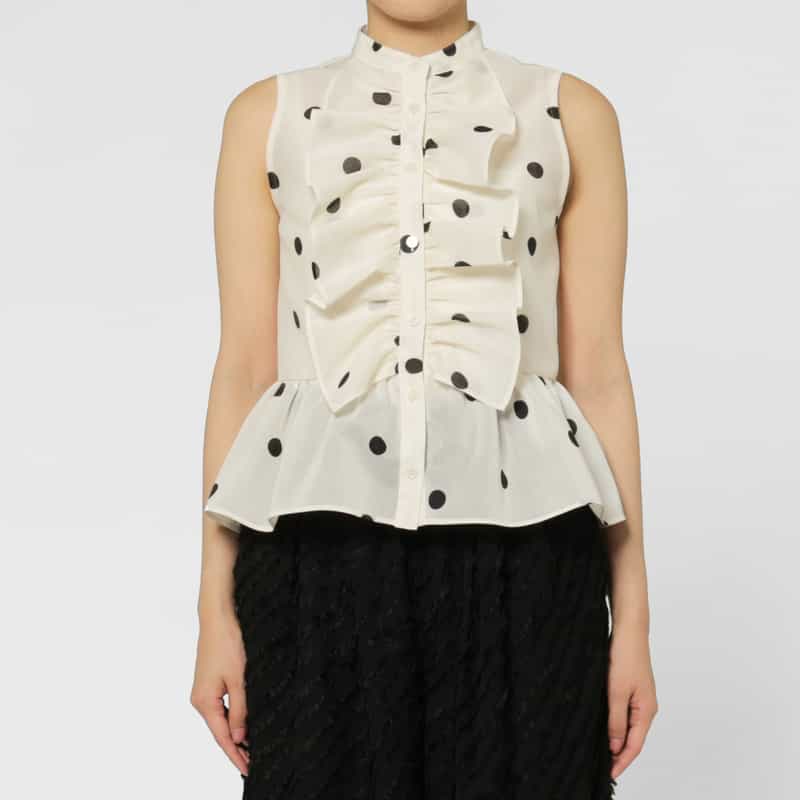 BARNEYS NEW YORK ウォッシャブル ドット柄ラッフルデザインバンドカラーブラウス WHITE