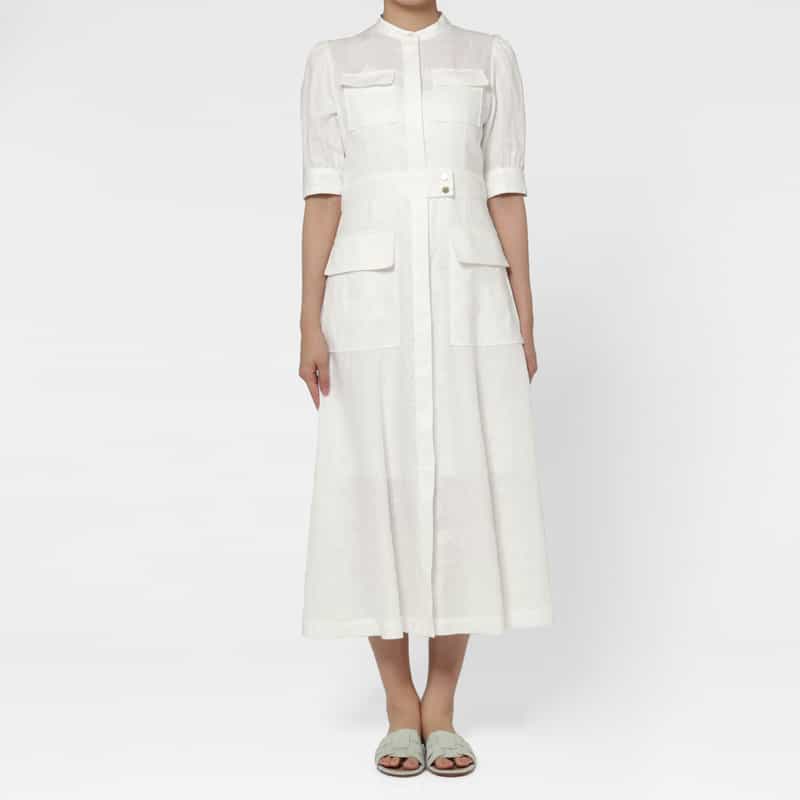 BARNEYS NEW YORK ウォッシャブル ソフトリネン素材サファリロングドレス（インナードレス付き） WHITE