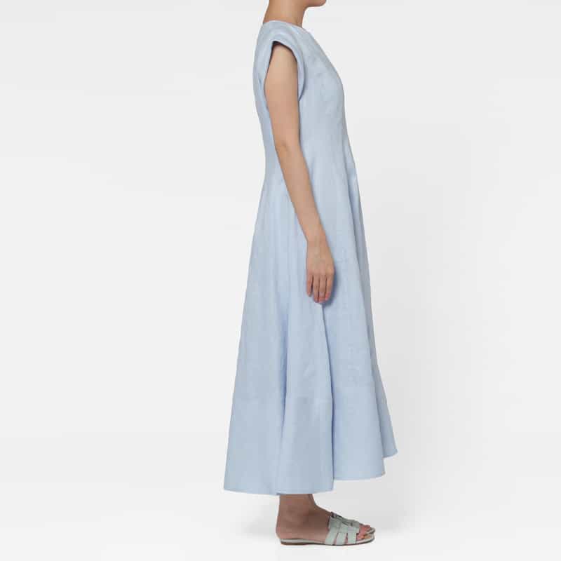 BARNEYS NEW YORK ウォッシャブル ソフトリネン素材Vネックフレアロングドレス（インナードレス付き） LIGHT BLUE