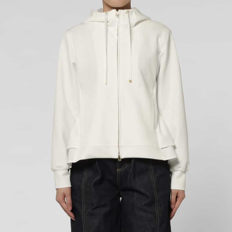BARNEYS NEW YORK ウォッシャブル 異素材コンビネーション バックフリル ジップアップフーデッドパーカー WHITE