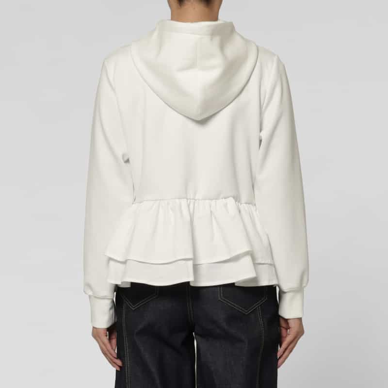 BARNEYS NEW YORK ウォッシャブル 異素材コンビネーション バックフリル ジップアップフーデッドパーカー WHITE