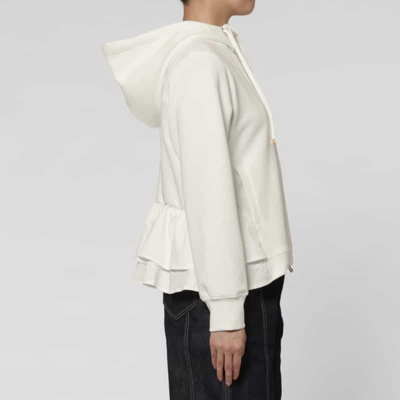 BARNEYS NEW YORK ウォッシャブル 異素材コンビネーション バックフリル ジップアップフーデッドパーカー WHITE