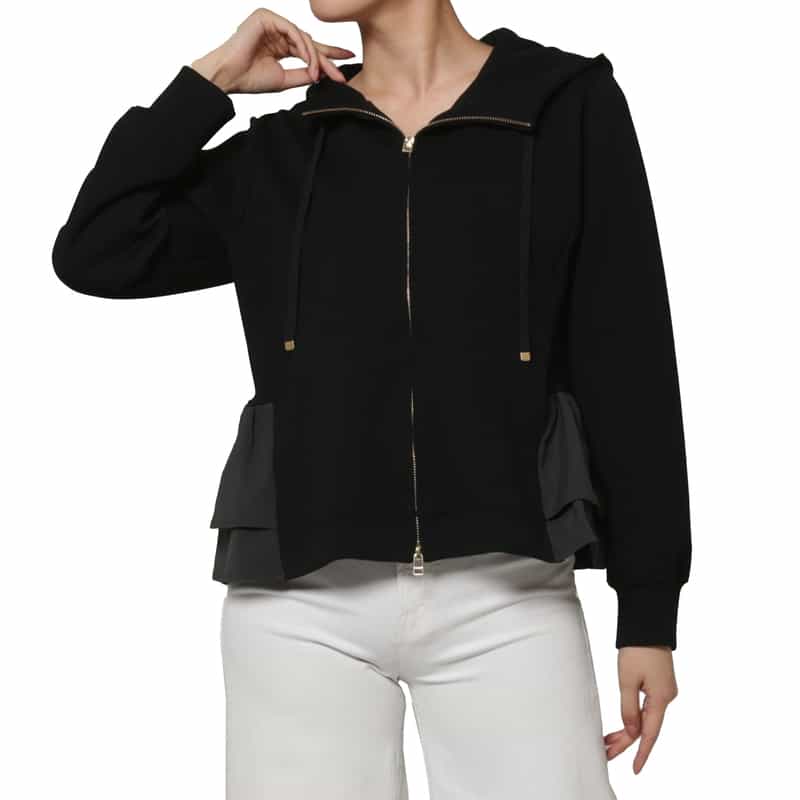 BARNEYS NEW YORK ウォッシャブル 異素材コンビネーション バックフリル ジップアップフーデッドパーカー BLACK