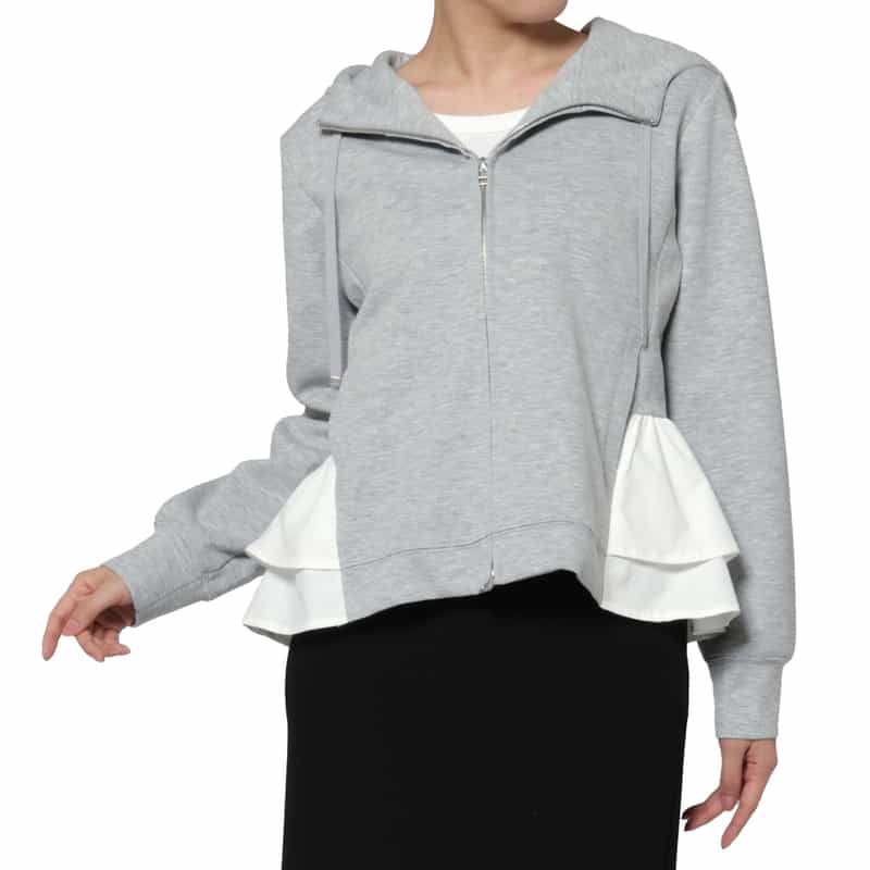 BARNEYS NEW YORK ウォッシャブル 異素材コンビネーション バックフリル ジップアップフーデッドパーカー GRAY