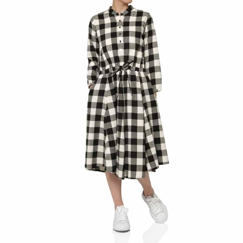 BARNEYS NEW YORK ウォッシャブル ドローコード付きブロックチェック柄シャツドレス WHITE