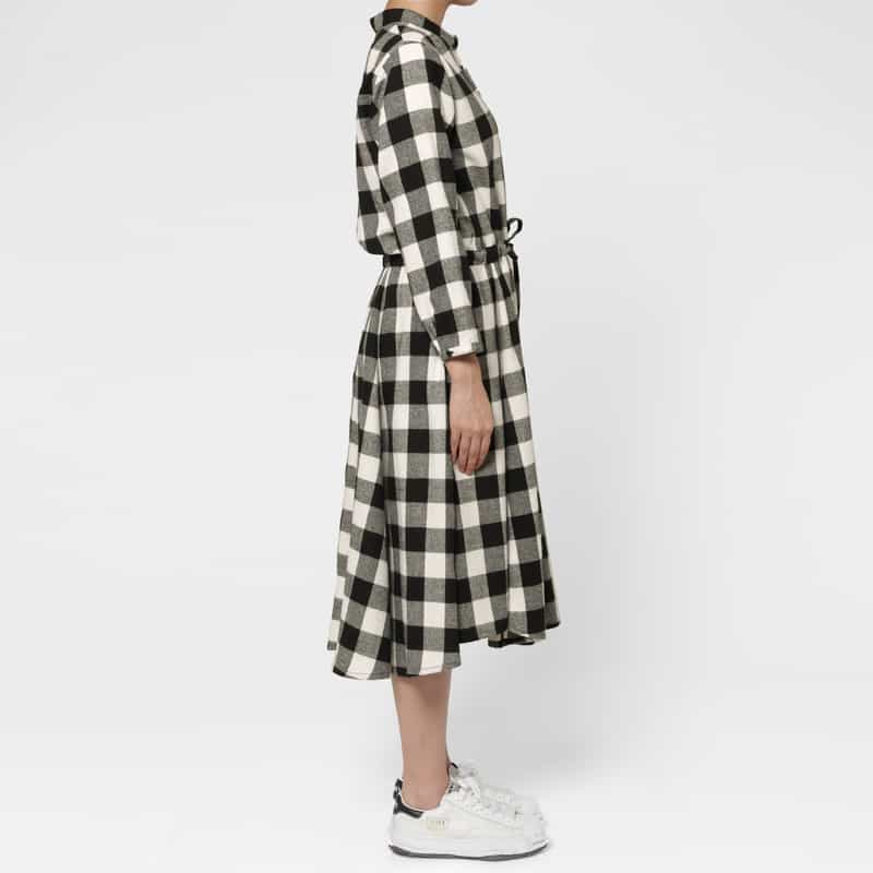 BARNEYS NEW YORK ウォッシャブル ドローコード付きブロックチェック柄シャツドレス WHITE
