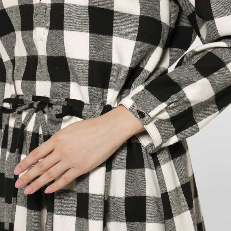 BARNEYS NEW YORK ウォッシャブル ドローコード付きブロックチェック柄シャツドレス WHITE