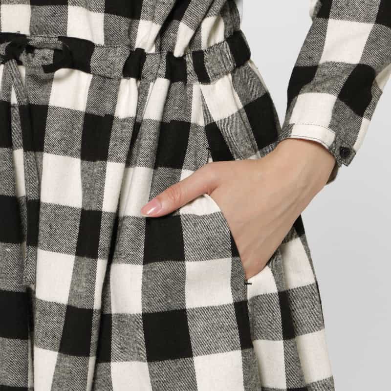 BARNEYS NEW YORK ウォッシャブル ドローコード付きブロックチェック柄シャツドレス WHITE