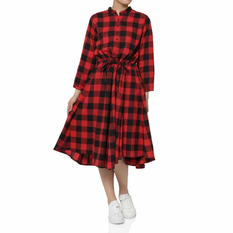 BARNEYS NEW YORK ウォッシャブル ドローコード付きブロックチェック柄シャツドレス RED