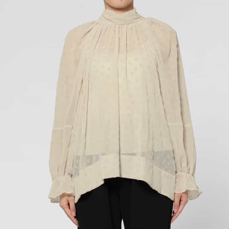 BARNEYS NEW YORK ウォッシャブル フロッキードット柄シアーボウタイブラウス（インナーキャミソール付き） BEIGE