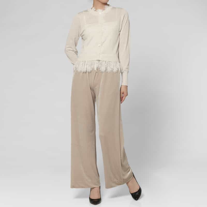 BARNEYS NEW YORK レースヘム クルーネックニットカーディガン WHITE