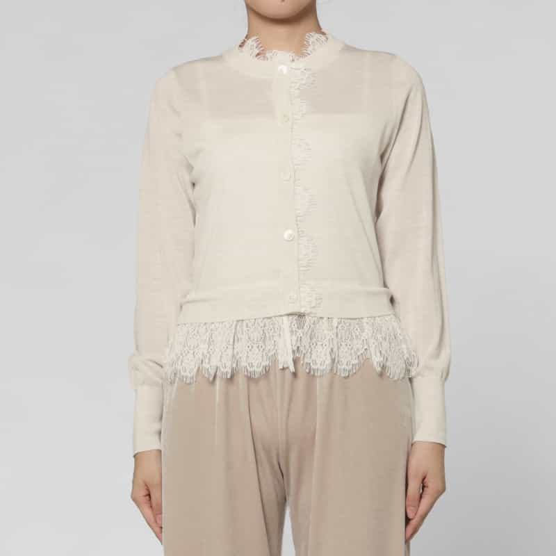 BARNEYS NEW YORK レースヘム クルーネックニットカーディガン WHITE