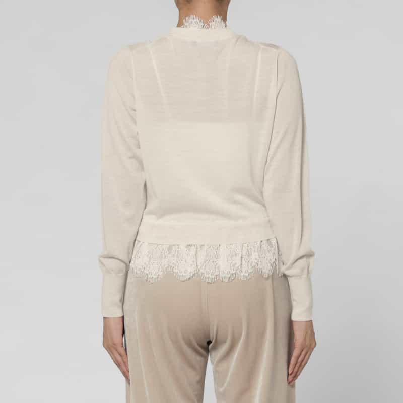 BARNEYS NEW YORK レースヘム クルーネックニットカーディガン WHITE
