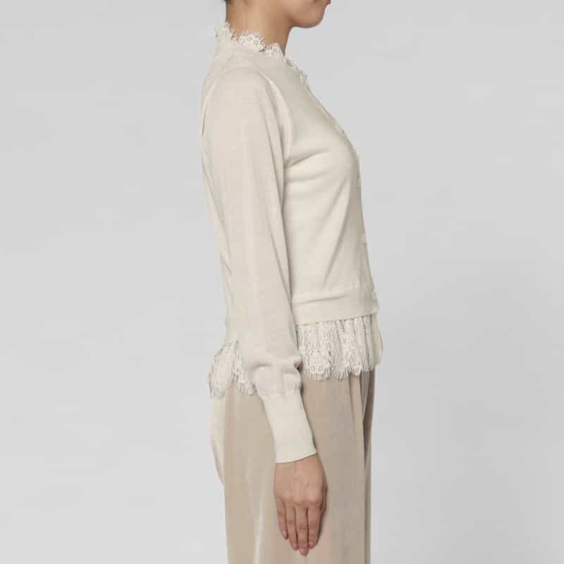 BARNEYS NEW YORK レースヘム クルーネックニットカーディガン WHITE
